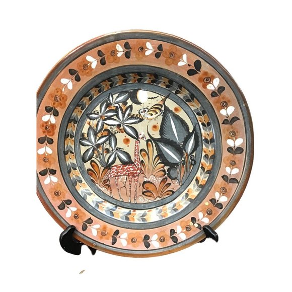 Vintage Mexican Tonala Burnished Pottery Charger Plate Signed Hanging Giraffe Ow - Picture 1 of 7